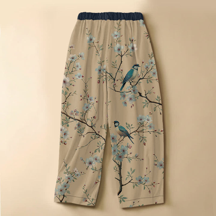 Buddha Stones Pure Cotton Vintage Blossom Bird Pattern Frog Button Women's Elastic Waist Harem Pants With Pockets - image 8