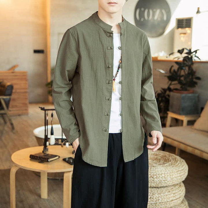 Buddha Stones Casual Stand Collar Frog-Button Long Sleeve Tang Suit Men's Shirt - DarkSeaGreen - US/UK/AU46，EU56 (5XL) - image 16