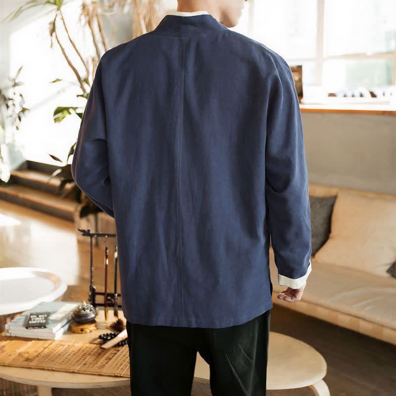Buddha Stones Fall Winter Tang Style Minimalist Frog Button Solid Cotton Men's Kimonos - image 2