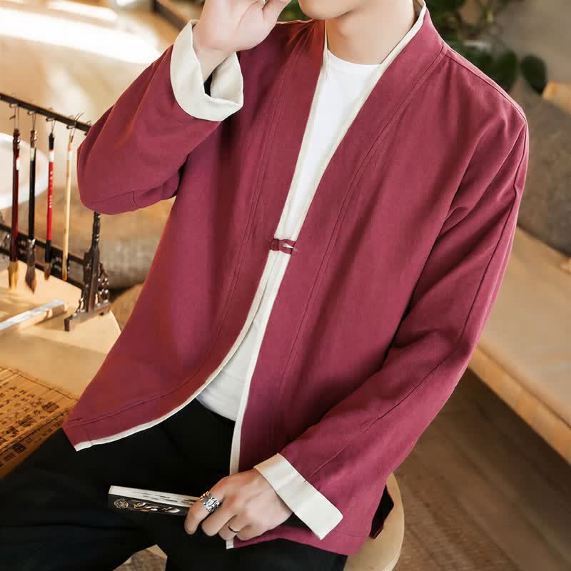Buddha Stones Fall Winter Tang Style Minimalist Frog Button Solid Cotton Men's Kimonos - image 21
