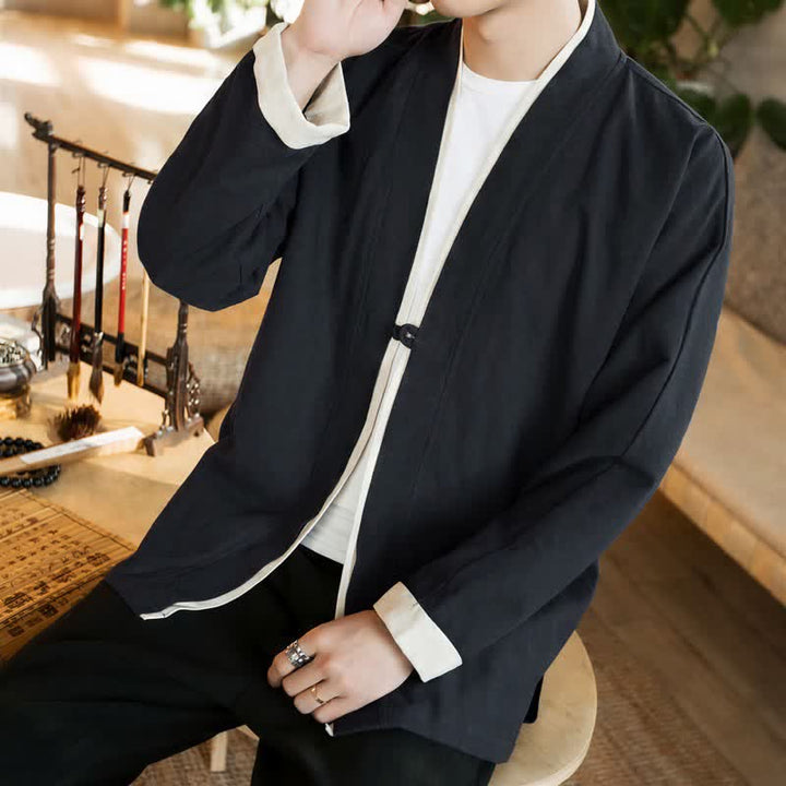 Buddha Stones Fall Winter Tang Style Minimalist Frog Button Solid Cotton Men's Kimonos - image 16