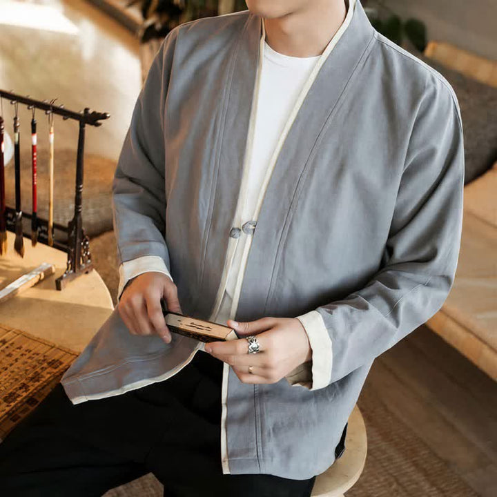 Buddha Stones Fall Winter Tang Style Minimalist Frog Button Solid Cotton Men's Kimonos - image 12