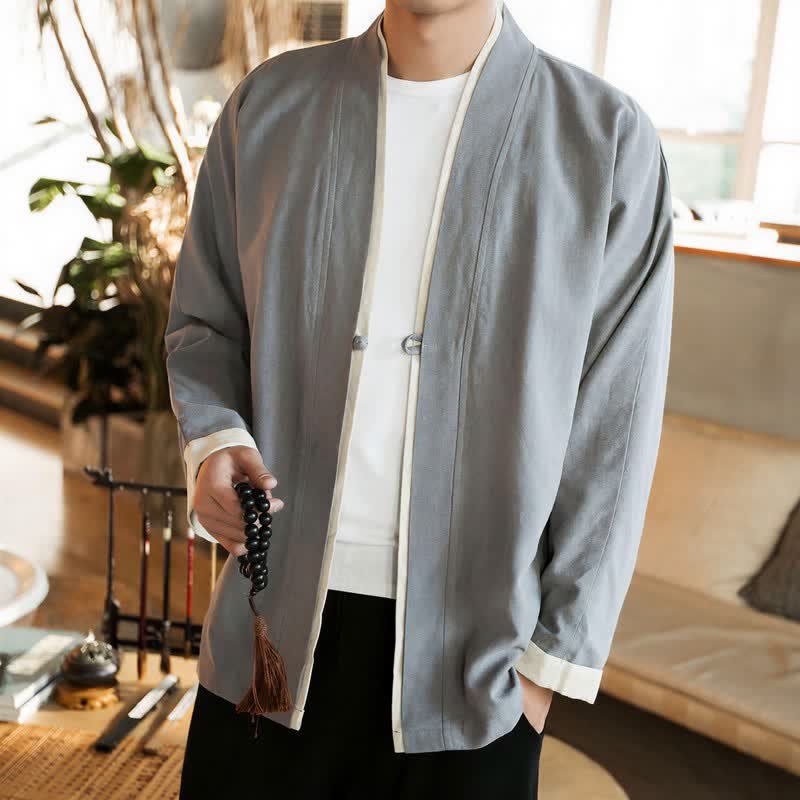 Buddha Stones Fall Winter Tang Style Minimalist Frog Button Solid Cotton Men's Kimonos - LightGray - US/UK/AU46，EU56 (5XL) - image 9
