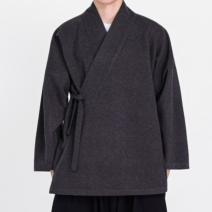 Buddha Stones Fall Winter Classic Minimalist Solid Corduroy Men's Kimonos - DimGray - US/UK/AU46，EU56 (5XL) - image 4