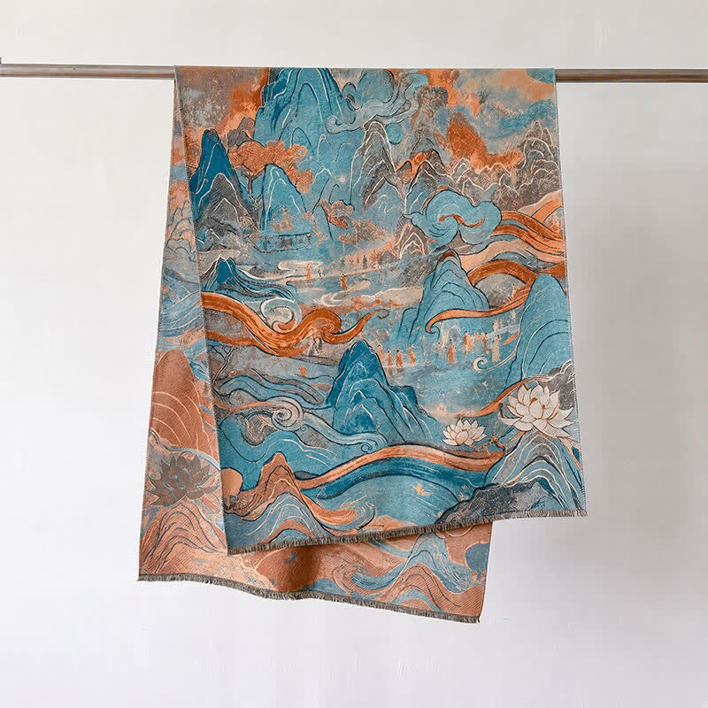 Buddha Stones Fall Winter Lotus Mountain Waves Dunhuang Color Pattern Soft Shawl - Green Peaks - 70*188cm - image 4