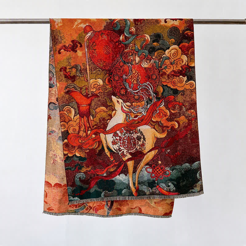 Buddha Stones Fall Winter Lotus Mountain Waves Dunhuang Color Pattern Soft Shawl - Red Deer - 70*188cm - image 12