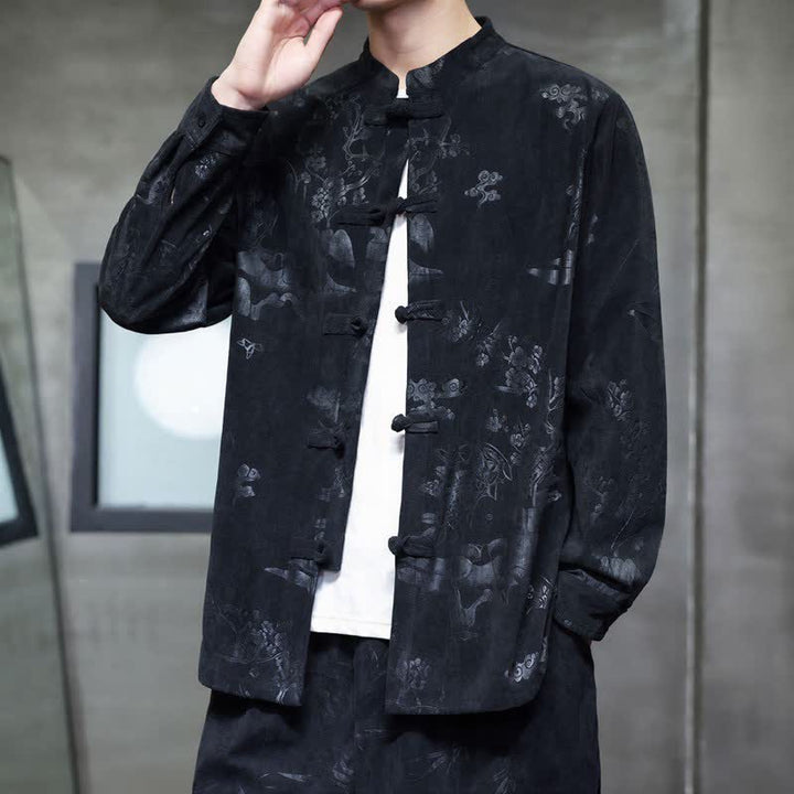 Buddha Stones Fall Winter Vintage Tang Style Frog Button Floral Men's Jackets With Pocket - image 9