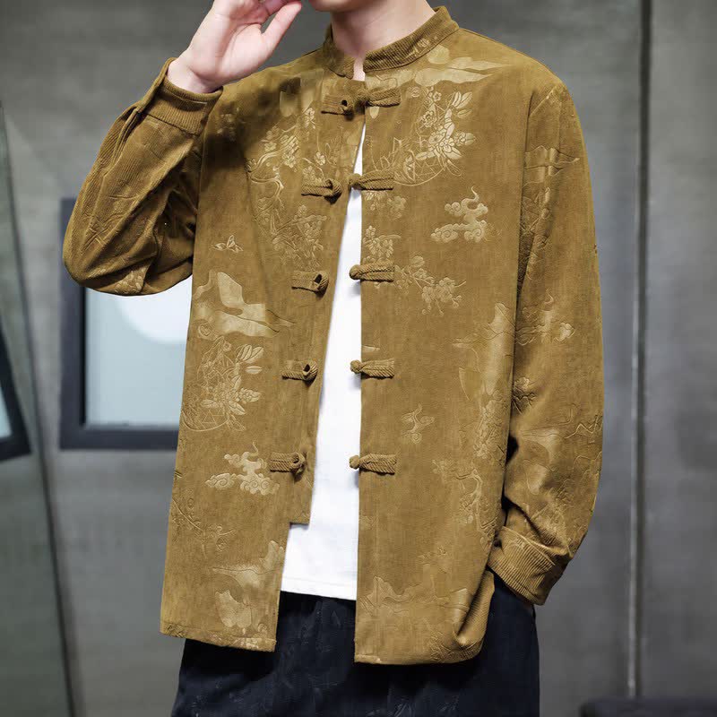Buddha Stones Fall Winter Vintage Tang Style Frog Button Floral Men's Jackets With Pocket - image 5