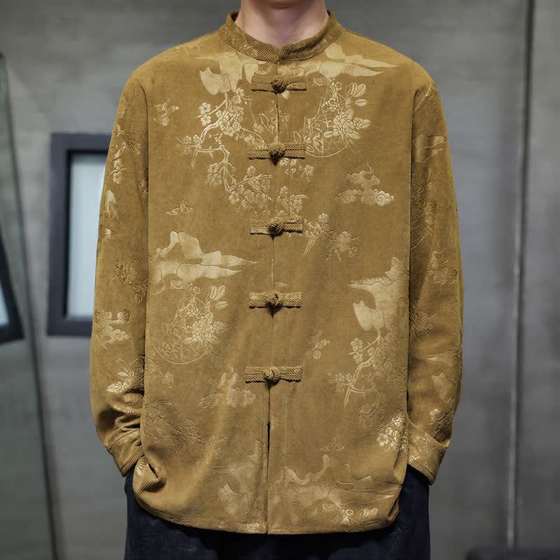Buddha Stones Fall Winter Vintage Tang Style Frog Button Floral Men's Jackets With Pocket - Goldenrod - US/UK/AU46，EU56 (5XL) - image 0