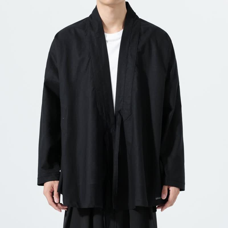 Buddha Stones Fall Minimalist Tang Style Drawstring Solid Men's Kimonos - Black - US/UK/AU46，EU56 (5XL) - image 6
