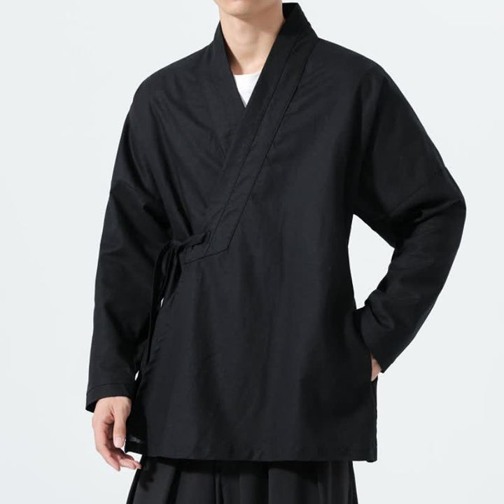 Buddha Stones Fall Minimalist Tang Style Drawstring Solid Men's Kimonos - image 10