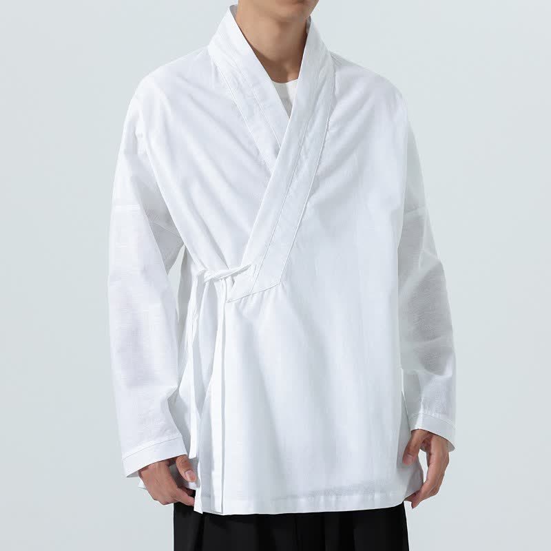 Buddha Stones Fall Minimalist Tang Style Drawstring Solid Men's Kimonos - image 22