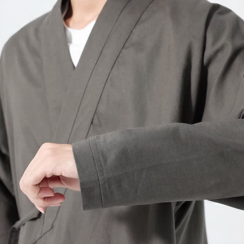 Buddha Stones Fall Minimalist Tang Style Drawstring Solid Men's Kimonos - image 4