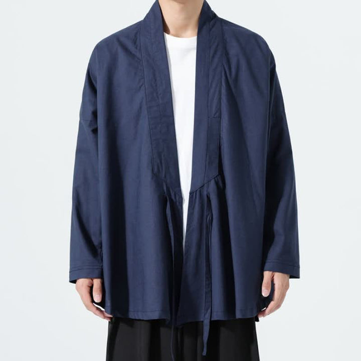 Buddha Stones Fall Minimalist Tang Style Drawstring Solid Men's Kimonos - Navy - US/UK/AU46，EU56 (5XL) - image 12