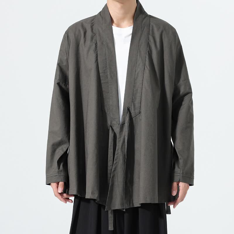 Buddha Stones Fall Minimalist Tang Style Drawstring Solid Men's Kimonos - DimGray - US/UK/AU46，EU56 (5XL) - image 0