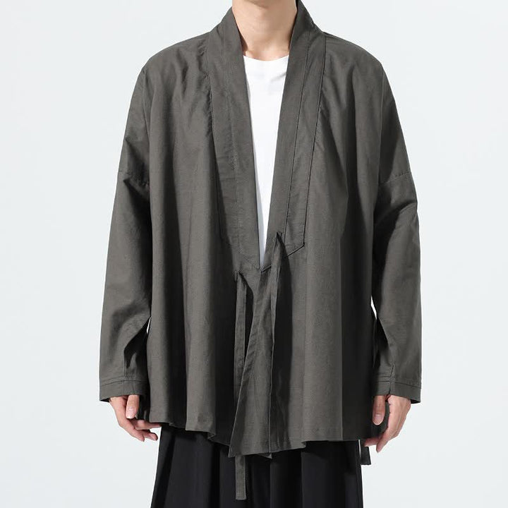 Buddha Stones Fall Minimalist Tang Style Drawstring Solid Men's Kimonos - DimGray - US/UK/AU46，EU56 (5XL) - image 0