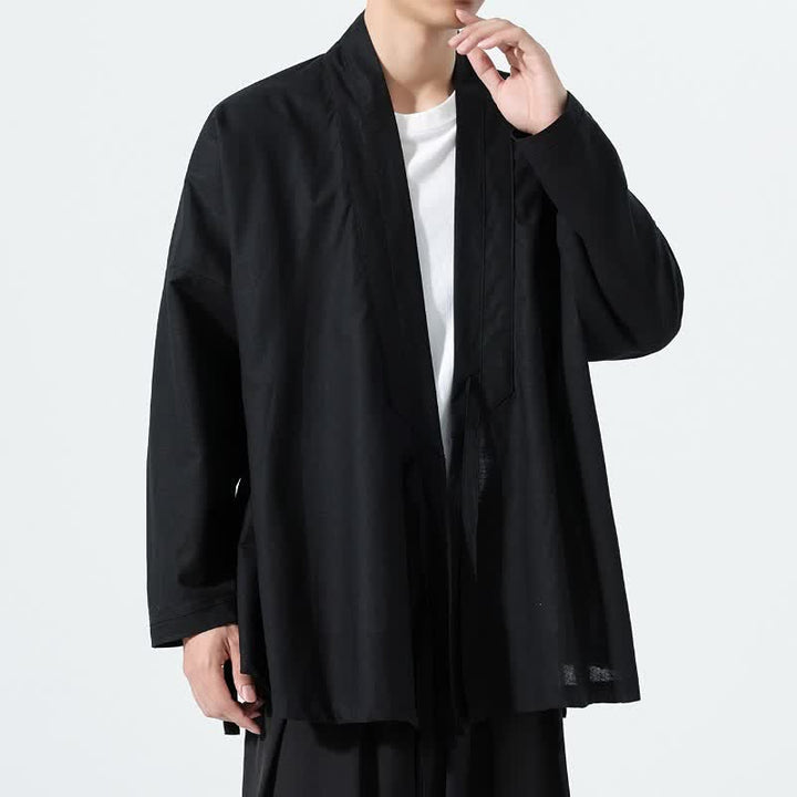 Buddha Stones Fall Minimalist Tang Style Drawstring Solid Men's Kimonos - image 9