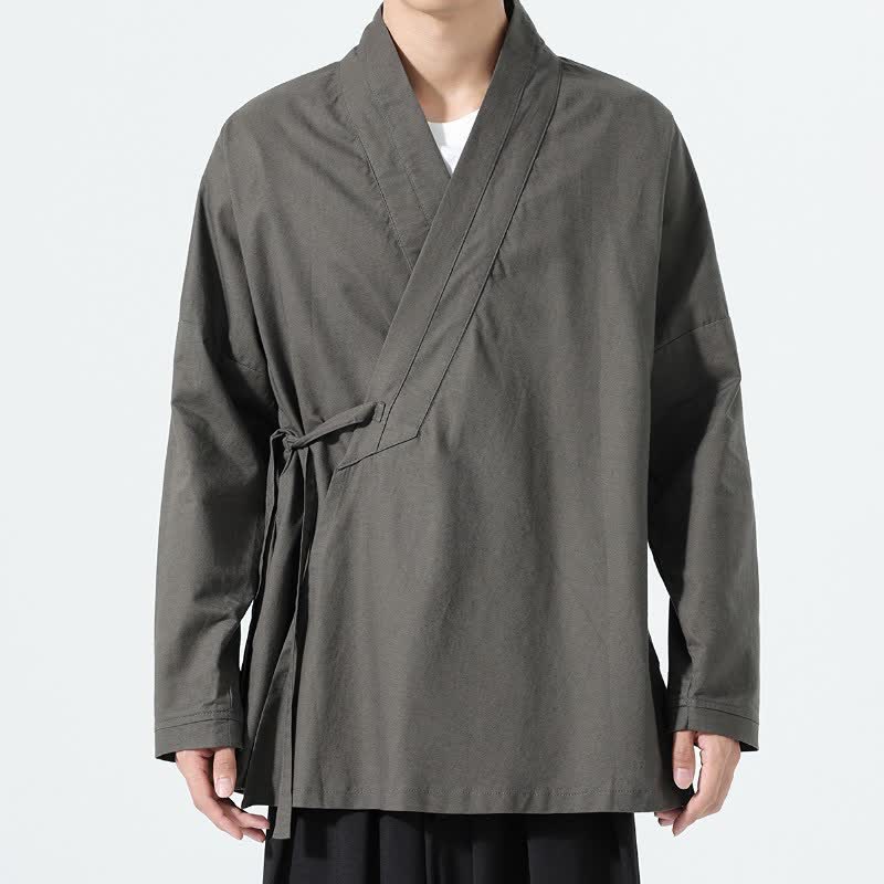 Buddha Stones Fall Minimalist Tang Style Drawstring Solid Men's Kimonos - image 1