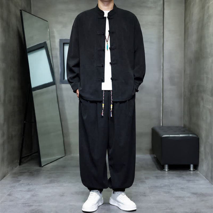 Buddha Stones Fall Winter Tang Style Casual Frog Button Solid Men's Meditation Cloth With Pocket - image 12