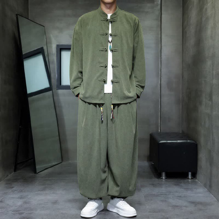 Buddha Stones Fall Winter Tang Style Casual Frog Button Solid Men's Meditation Cloth With Pocket - image 16