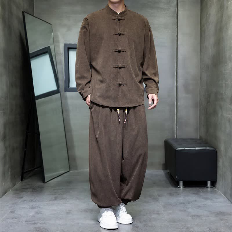 Buddha Stones Fall Winter Tang Style Casual Frog Button Solid Men's Meditation Cloth With Pocket - image 1