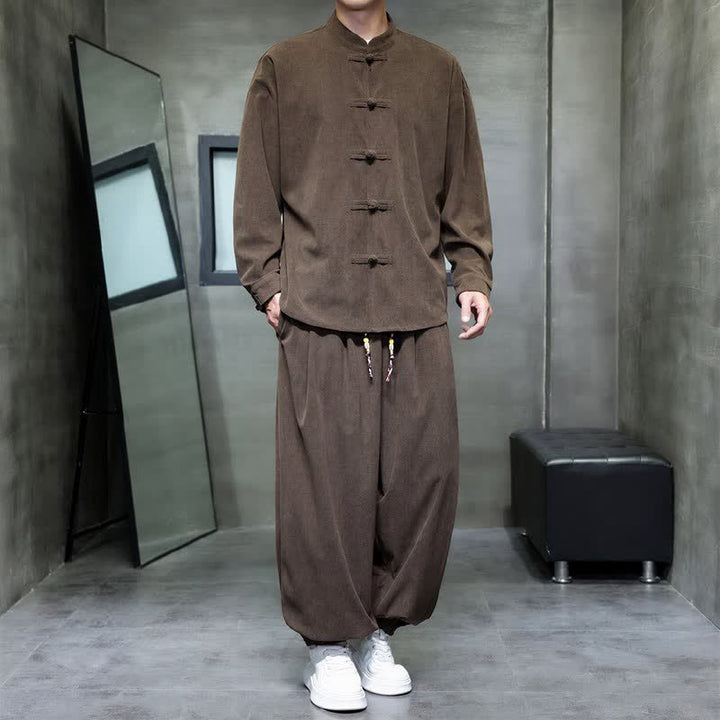 Buddha Stones Fall Winter Tang Style Casual Frog Button Solid Men's Meditation Cloth With Pocket - image 1