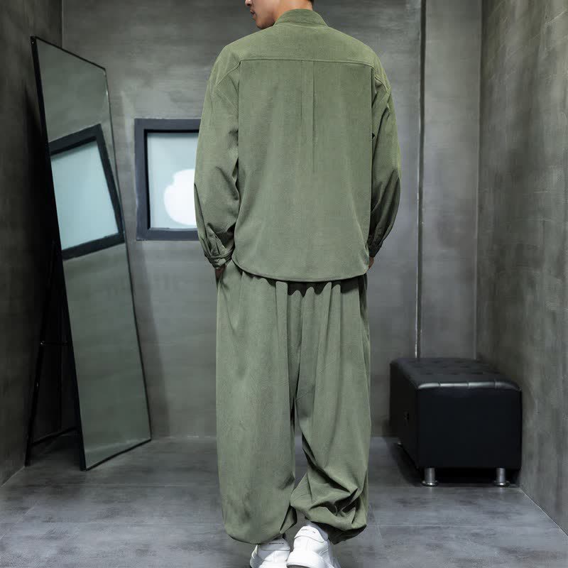 Buddha Stones Fall Winter Tang Style Casual Frog Button Solid Men's Meditation Cloth With Pocket - image 15