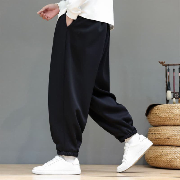 Buddha Stones Fall Winter Casual Minimalist Athletic Drawstring Solid Ankle Pants Men's Tapered Pants With Pockets - Black - Fleece-Lined Version - US/UK/AU48，EU58 (6XL) - image 8