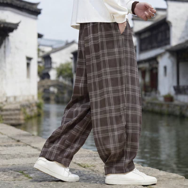Buddha Stones Fall Winter Casual Vintage Drawstring Plaid Ankle Pants Men's Harem Pants With Pocket - image 4