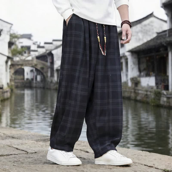 Buddha Stones Fall Winter Casual Vintage Drawstring Plaid Ankle Pants Men's Harem Pants With Pocket - image 6
