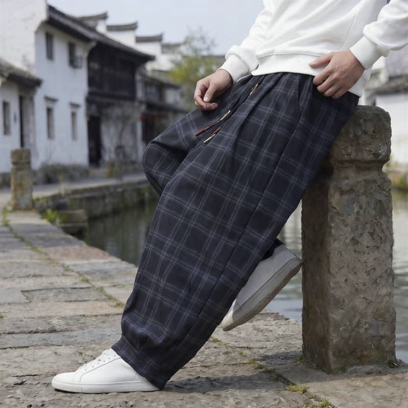 Buddha Stones Fall Winter Casual Vintage Drawstring Plaid Ankle Pants Men's Harem Pants With Pocket - image 8