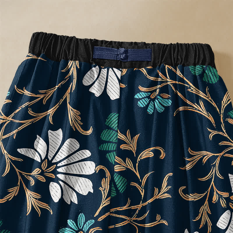 Buddha Stones Pure Cotton Botanical Flower Leaf Pattern Frog Button Women's Elastic Waist Harem Pants With Pockets - image 2