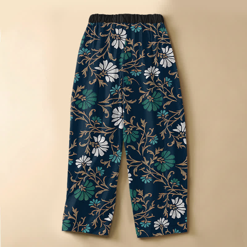 Buddha Stones Pure Cotton Botanical Flower Leaf Pattern Frog Button Women's Elastic Waist Harem Pants With Pockets - image 1