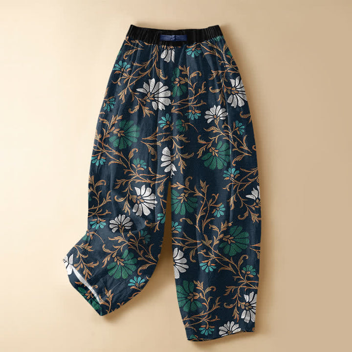 Buddha Stones Pure Cotton Botanical Flower Leaf Pattern Frog Button Women's Elastic Waist Harem Pants With Pockets - Navy - US16，UK/AU20，EU48 (3XL) - image 0