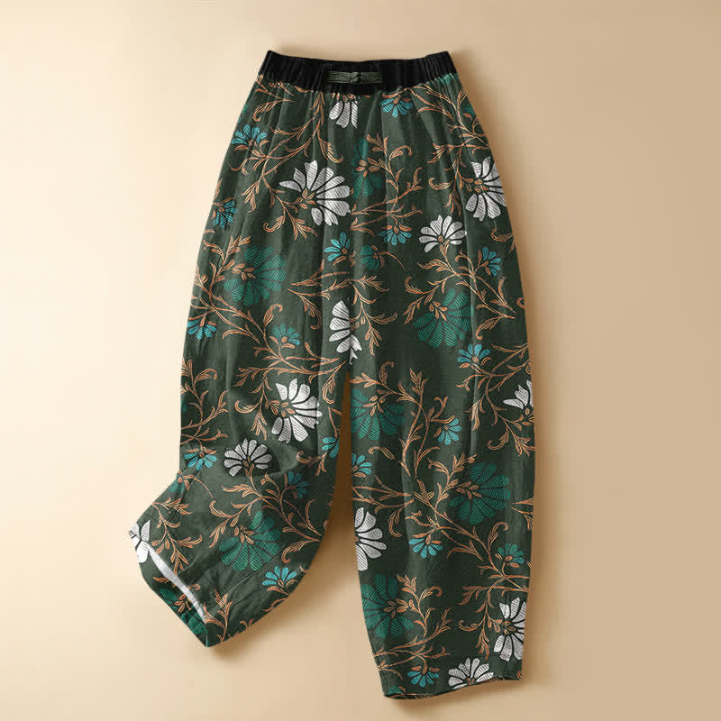 Buddha Stones Pure Cotton Botanical Flower Leaf Pattern Frog Button Women's Elastic Waist Harem Pants With Pockets - SeaGreen - US16，UK/AU20，EU48 (3XL) - image 5