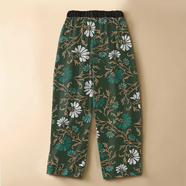 Buddha Stones Pure Cotton Botanical Flower Leaf Pattern Frog Button Women's Elastic Waist Harem Pants With Pockets - image 6