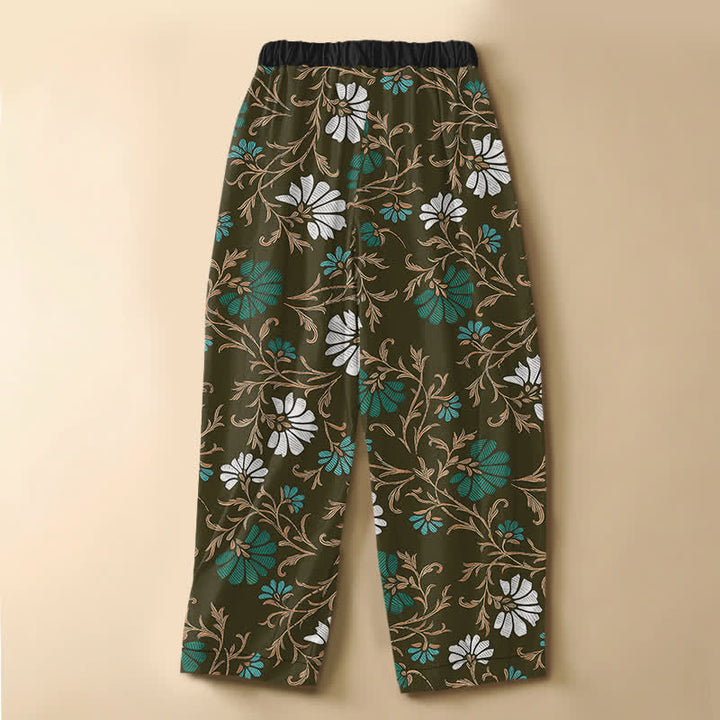 Buddha Stones Pure Cotton Botanical Flower Leaf Pattern Frog Button Women's Elastic Waist Harem Pants With Pockets - image 8