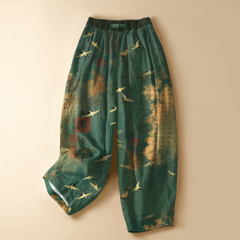 Buddha Stones Pure Cotton Vintage Crane Calligraphy Pattern Frog Button Women's Elastic Waist Harem Pants With Pockets - SeaGreen - US16，UK/AU20，EU48 (3XL) - image 0