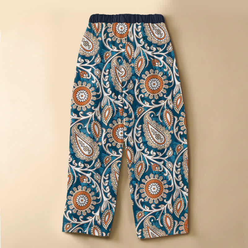 Buddha Stones Pure Cotton Bohemian Paisley Floral Pattern Frog Button Women's Elastic Waist Harem Pants With Pockets - image 1