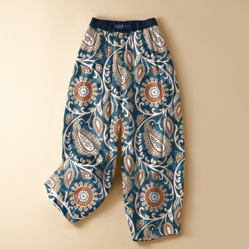 Buddha Stones Pure Cotton Bohemian Paisley Floral Pattern Frog Button Women's Elastic Waist Harem Pants With Pockets - SteelBlue - US16，UK/AU20，EU48 (3XL) - image 0