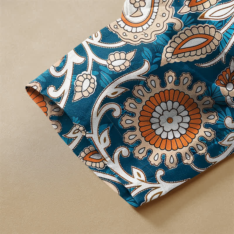 Buddha Stones Pure Cotton Bohemian Paisley Floral Pattern Frog Button Women's Elastic Waist Harem Pants With Pockets - image 3