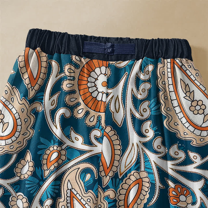 Buddha Stones Pure Cotton Bohemian Paisley Floral Pattern Frog Button Women's Elastic Waist Harem Pants With Pockets - image 2