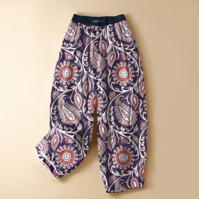 Buddha Stones Pure Cotton Bohemian Paisley Floral Pattern Frog Button Women's Elastic Waist Harem Pants With Pockets - Purple - US16，UK/AU20，EU48 (3XL) - image 5