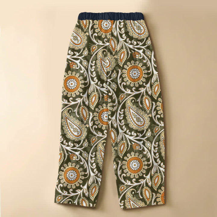 Buddha Stones Pure Cotton Bohemian Paisley Floral Pattern Frog Button Women's Elastic Waist Harem Pants With Pockets - image 8
