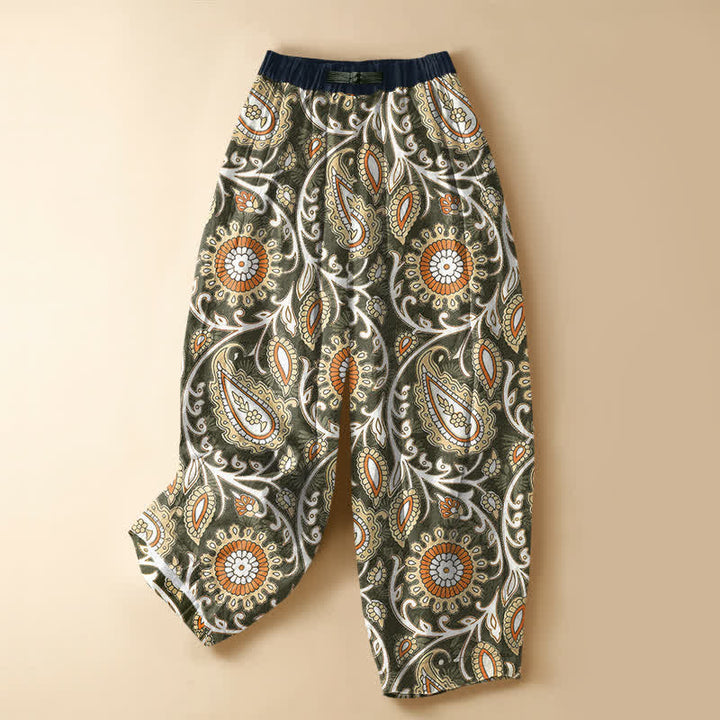 Buddha Stones Pure Cotton Bohemian Paisley Floral Pattern Frog Button Women's Elastic Waist Harem Pants With Pockets - OliveDrab - US16，UK/AU20，EU48 (3XL) - image 7