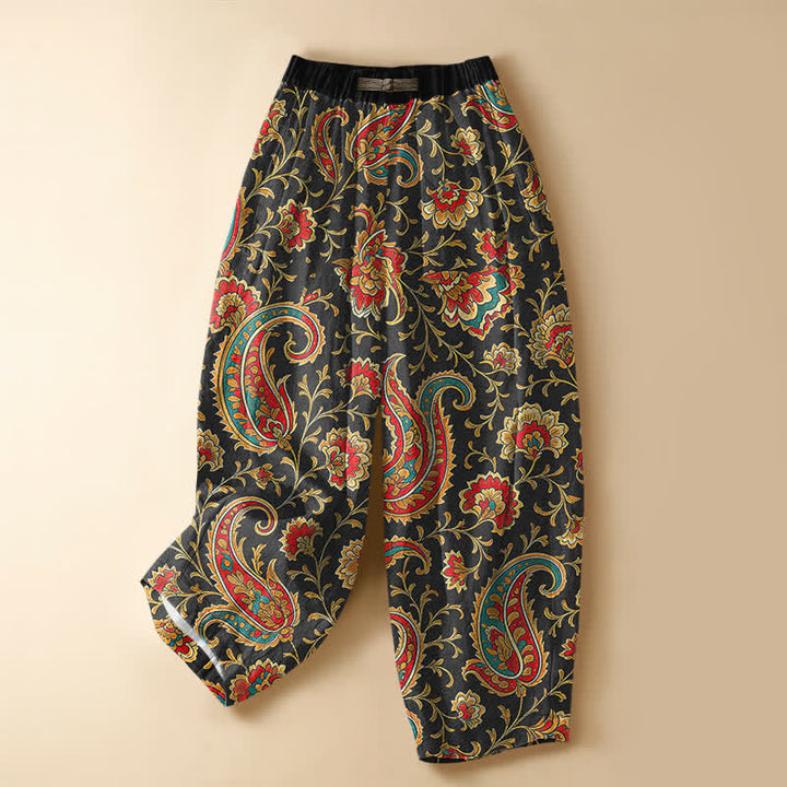Buddha Stones Pure Cotton Retro Floral Scroll Pattern Frog Button Women's Elastic Waist Harem Pants With Pockets - Black - US16，UK/AU20，EU48 (3XL) - image 0