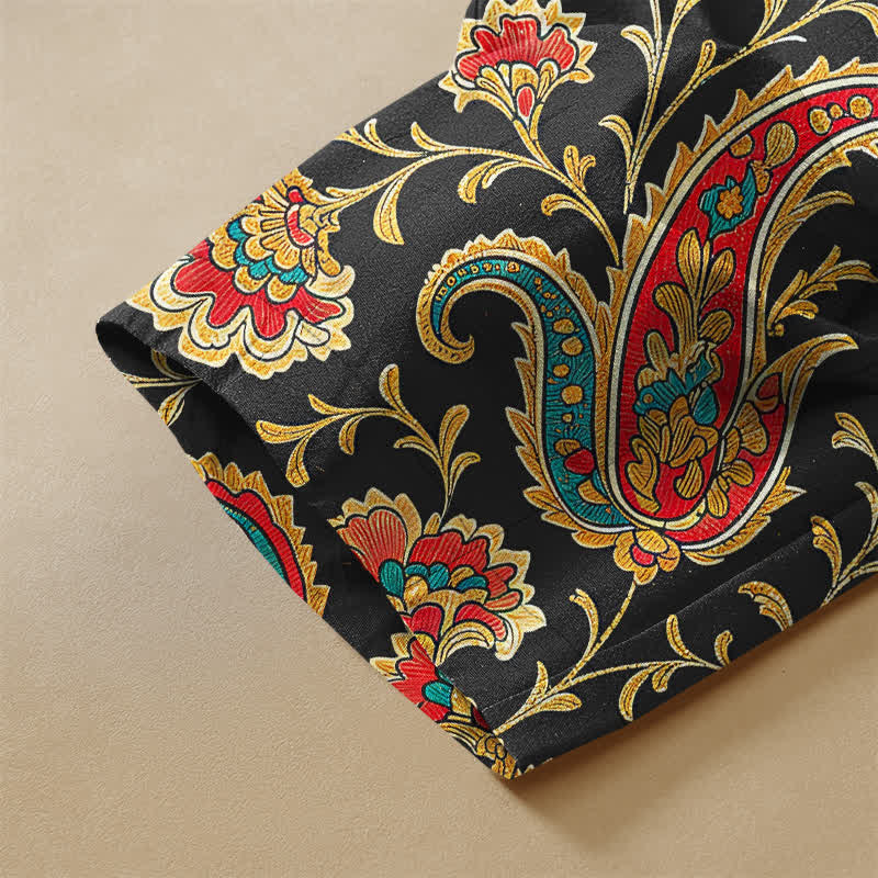 Buddha Stones Pure Cotton Retro Floral Scroll Pattern Frog Button Women's Elastic Waist Harem Pants With Pockets - image 3
