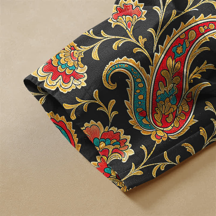 Buddha Stones Pure Cotton Retro Floral Scroll Pattern Frog Button Women's Elastic Waist Harem Pants With Pockets - image 3