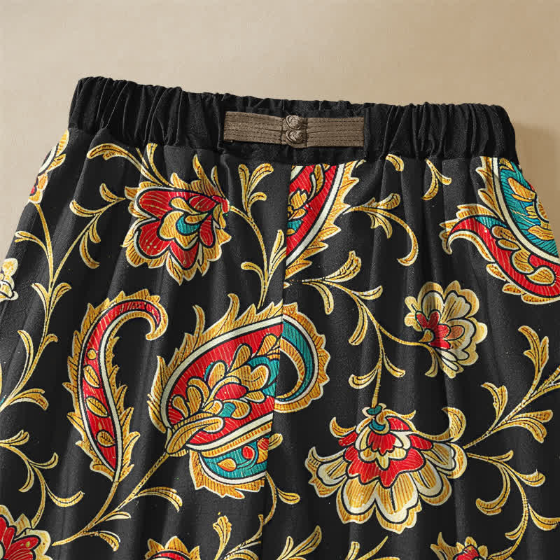 Buddha Stones Pure Cotton Retro Floral Scroll Pattern Frog Button Women's Elastic Waist Harem Pants With Pockets - image 2
