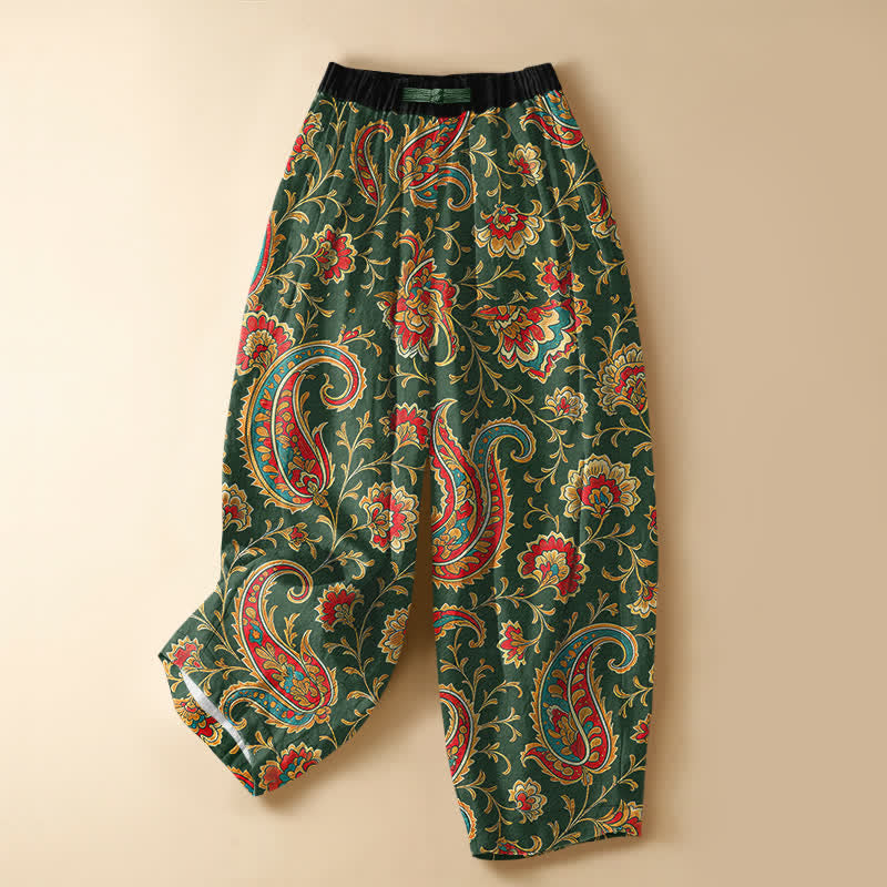 Buddha Stones Pure Cotton Retro Floral Scroll Pattern Frog Button Women's Elastic Waist Harem Pants With Pockets - ForestGreen - US16，UK/AU20，EU48 (3XL) - image 5